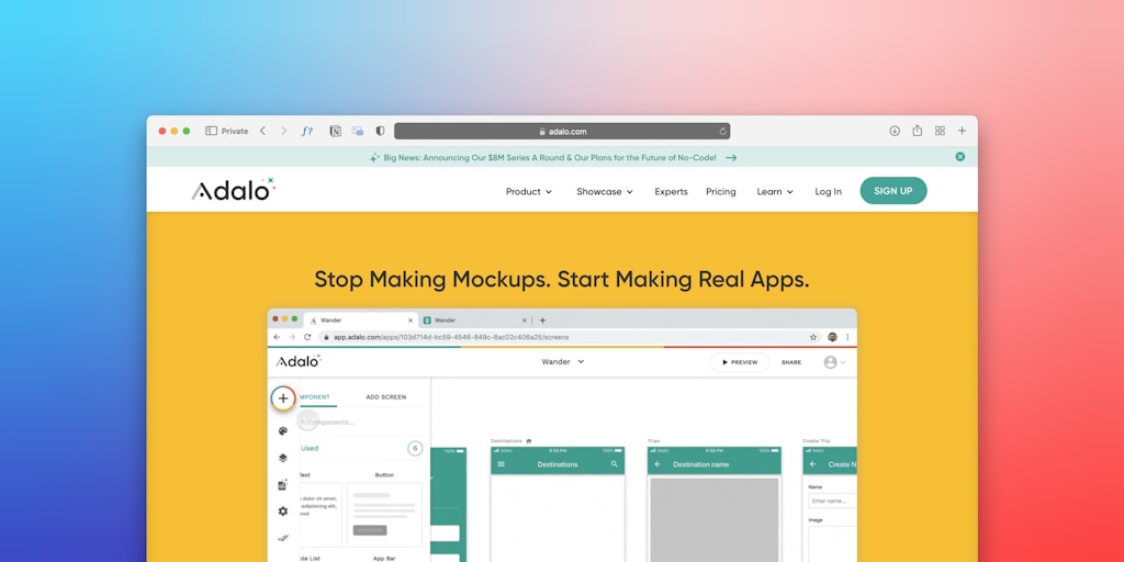Web browser displaying Adalo app interface on yellow background with text banner above