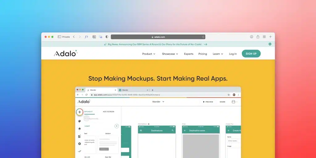 Web browser displaying Adalo app interface on yellow background with text banner above