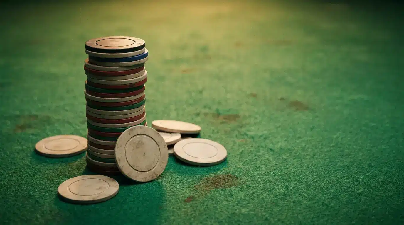 Stack of poker chips on green felt table in warm lighting