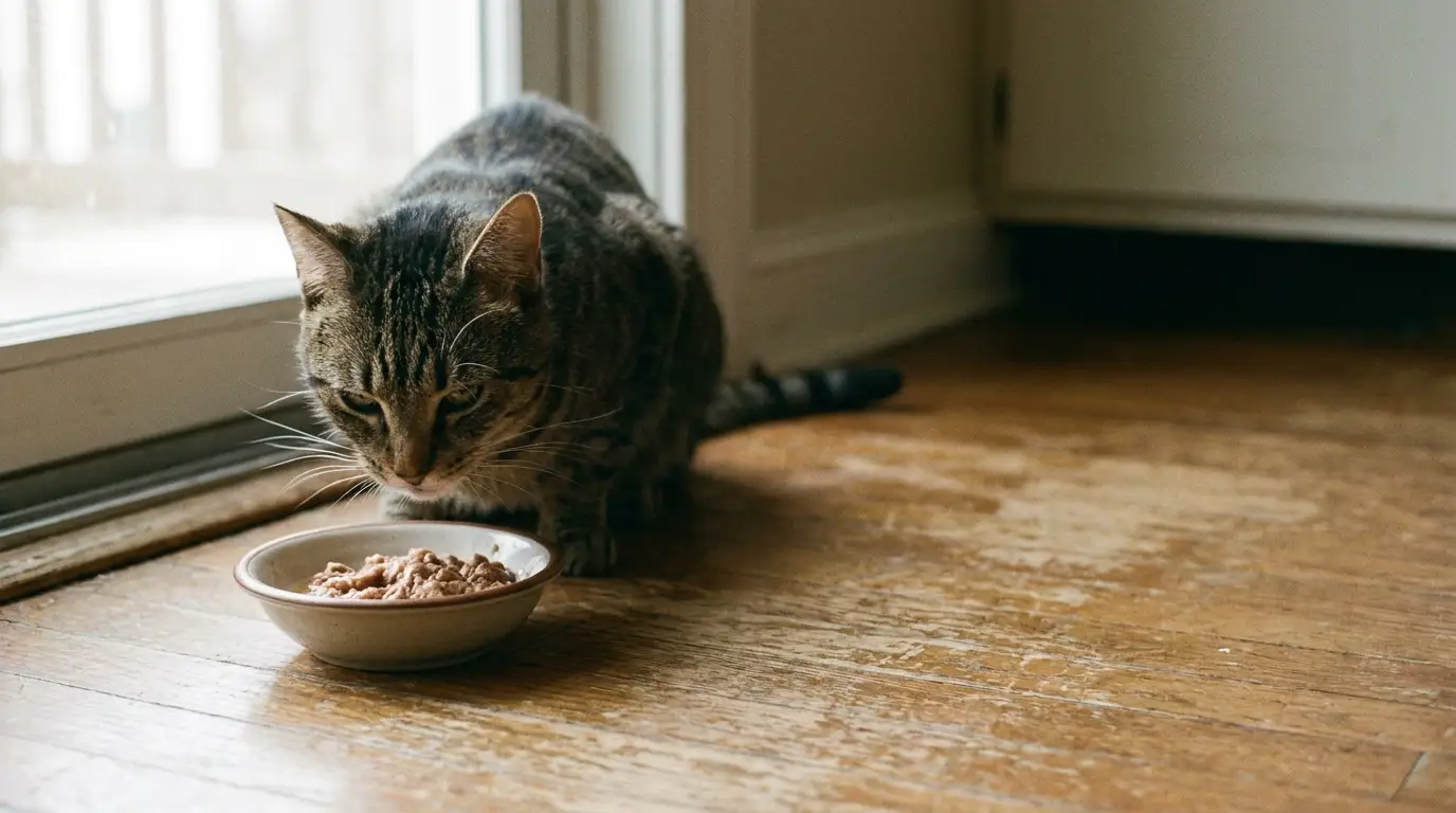 Tabby cat eating from a bowl on a wooden floor indoors