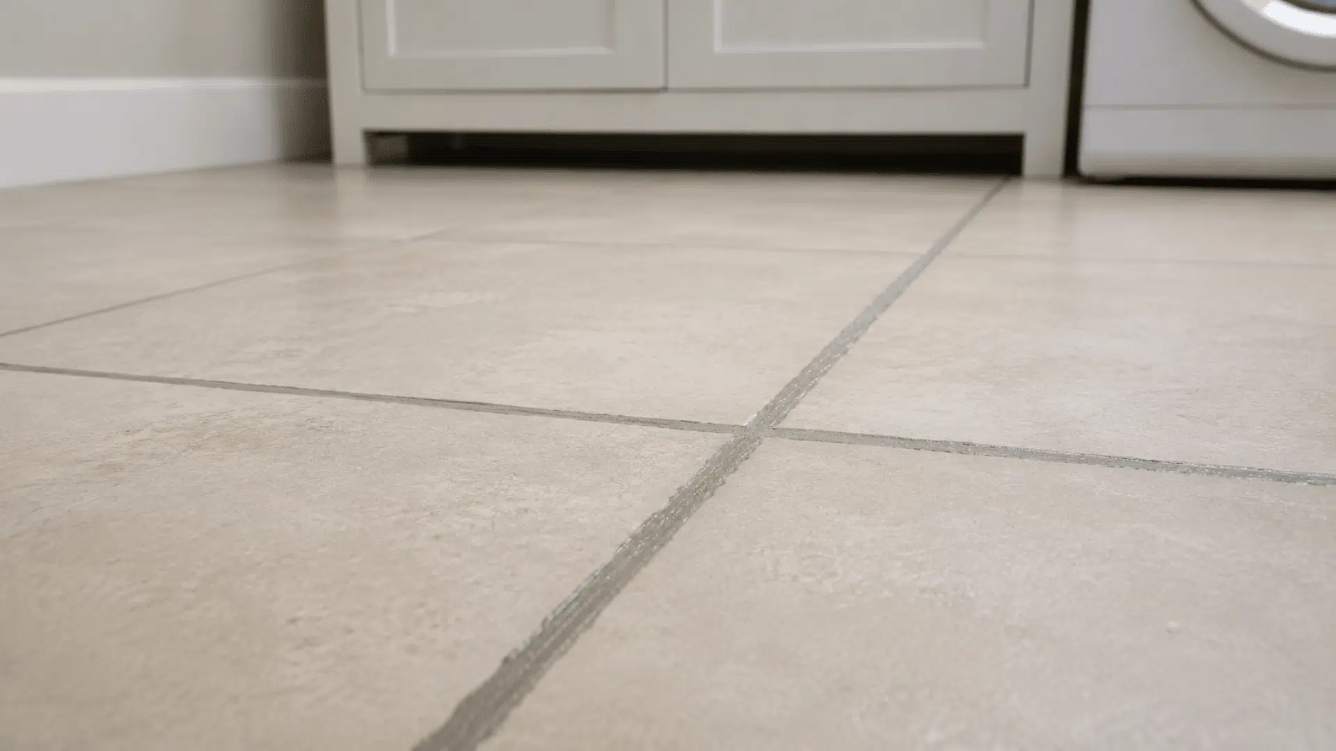 close up of fresh cement based grout between beige ceramic floor tiles in a laundry room