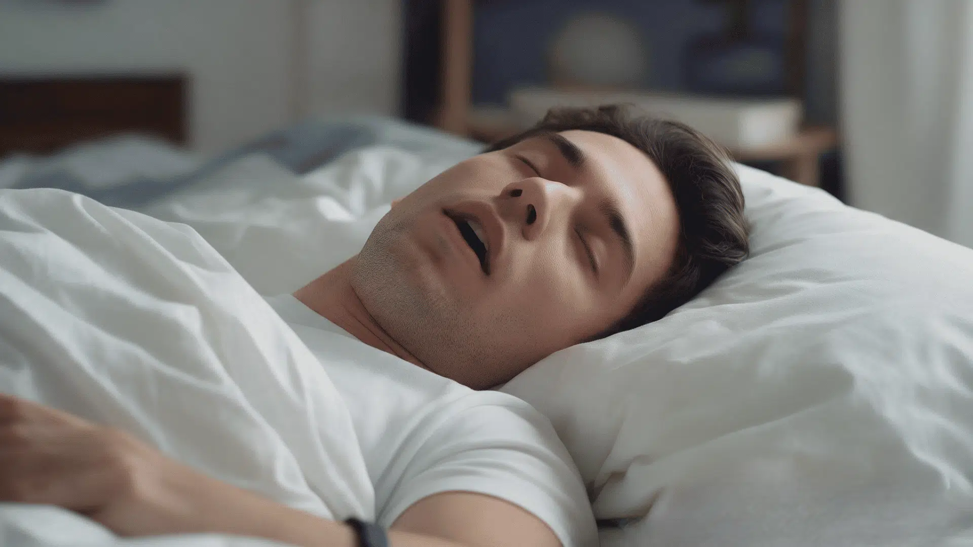 man sleeping on his back with mouth open, showing signs of disrupted nighttime breathing