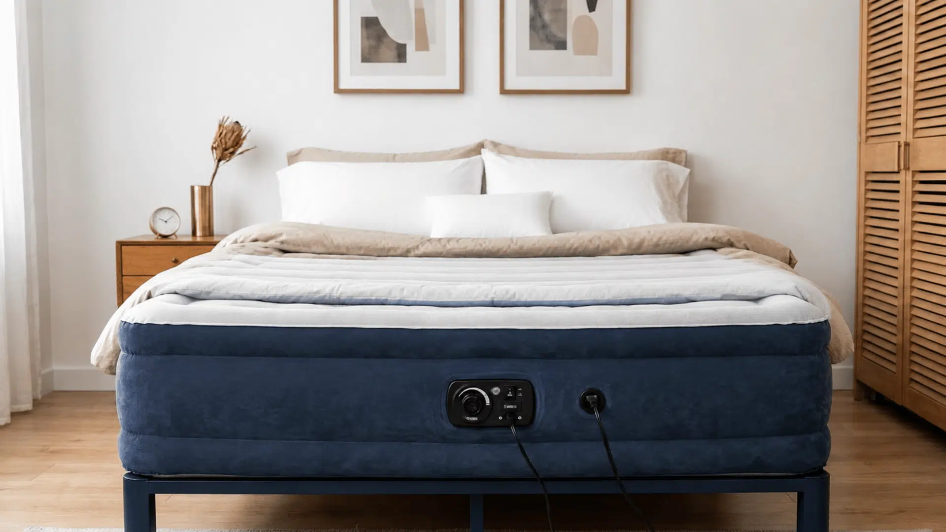 a navy air mattress with a built-in pump, set on a metal frame in a bedroom, made up with white and beige bedding