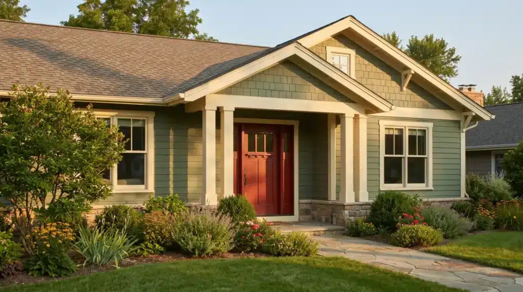 Green suburban house with red front door and landscaped garden in bright sunlight