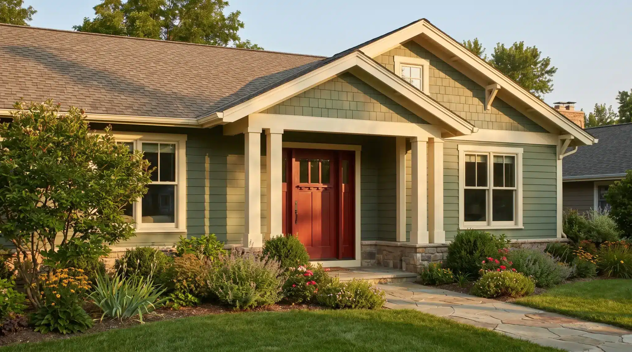 Green suburban house with red front door and landscaped garden in bright sunlight