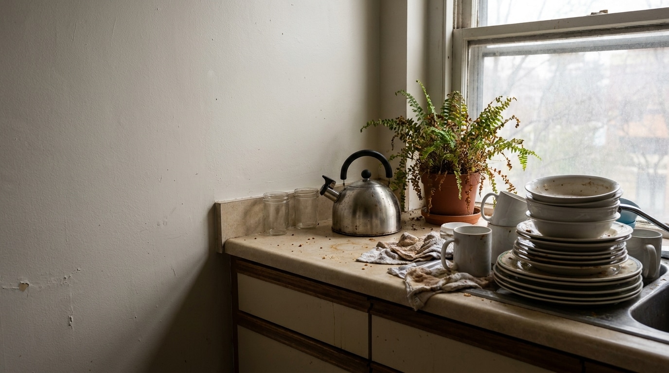 Stainless steel kettle and stacked dirty dishes on cluttered kitchen countertop near window