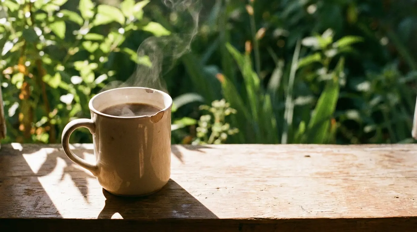 Steaming coffee mug on wooden table in sunlit garden setting