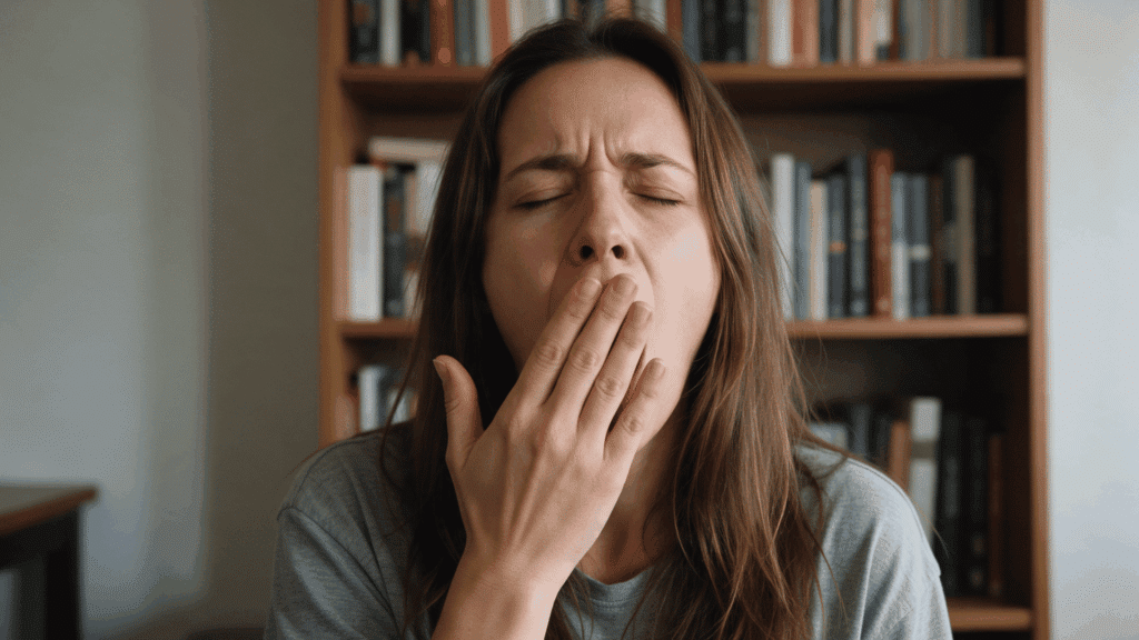 A woman covering her mouth while yawning indoors with a bookshelf in the background.