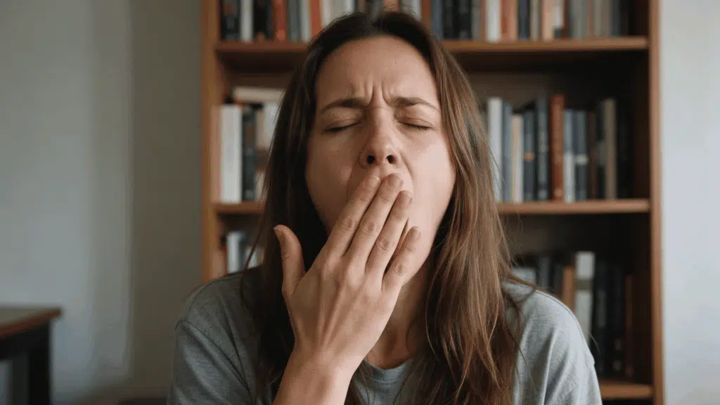 A woman covering her mouth while yawning indoors with a bookshelf in the background.