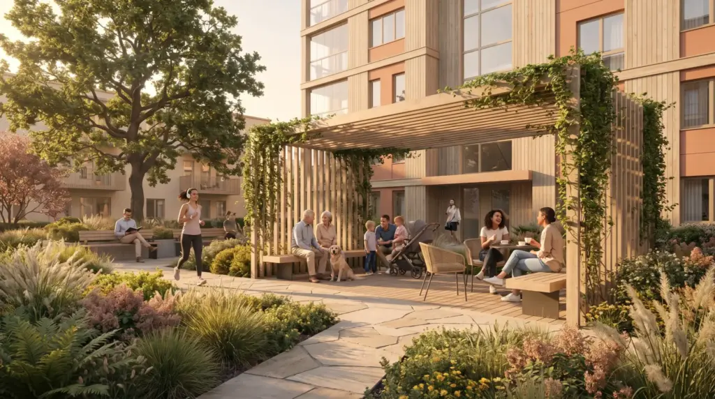 People enjoying outdoor patio space in a residential courtyard with greenery and modern pergola