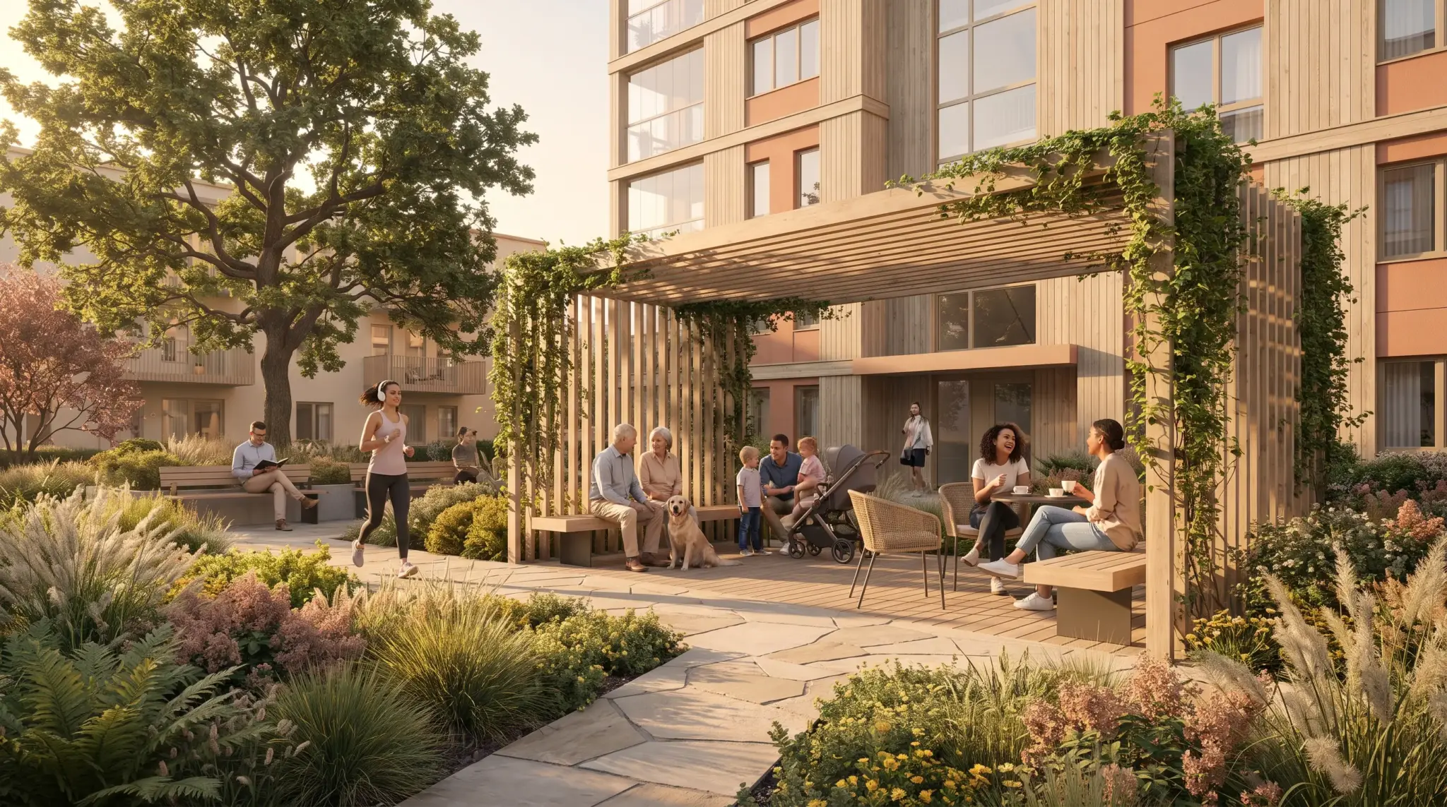 People enjoying outdoor patio space in a residential courtyard with greenery and modern pergola