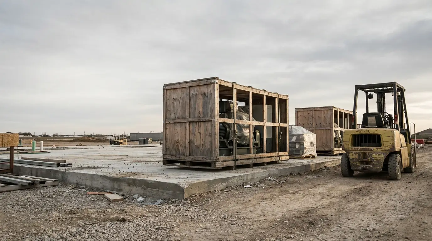 Forklift next to large wooden crates on a construction site under overcast sky