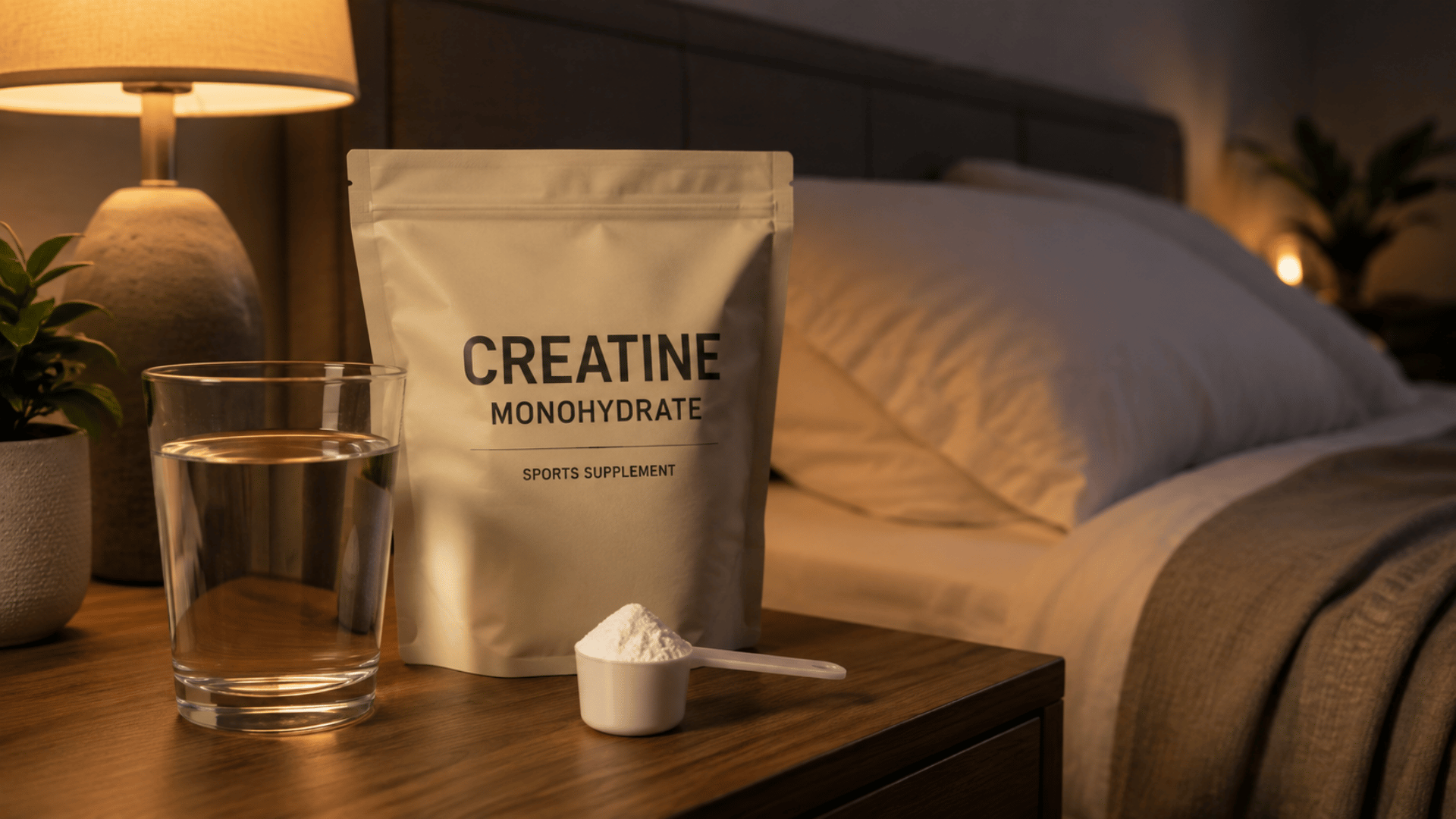 Creatine monohydrate pouch, powder scoop, and water beside a bed at night