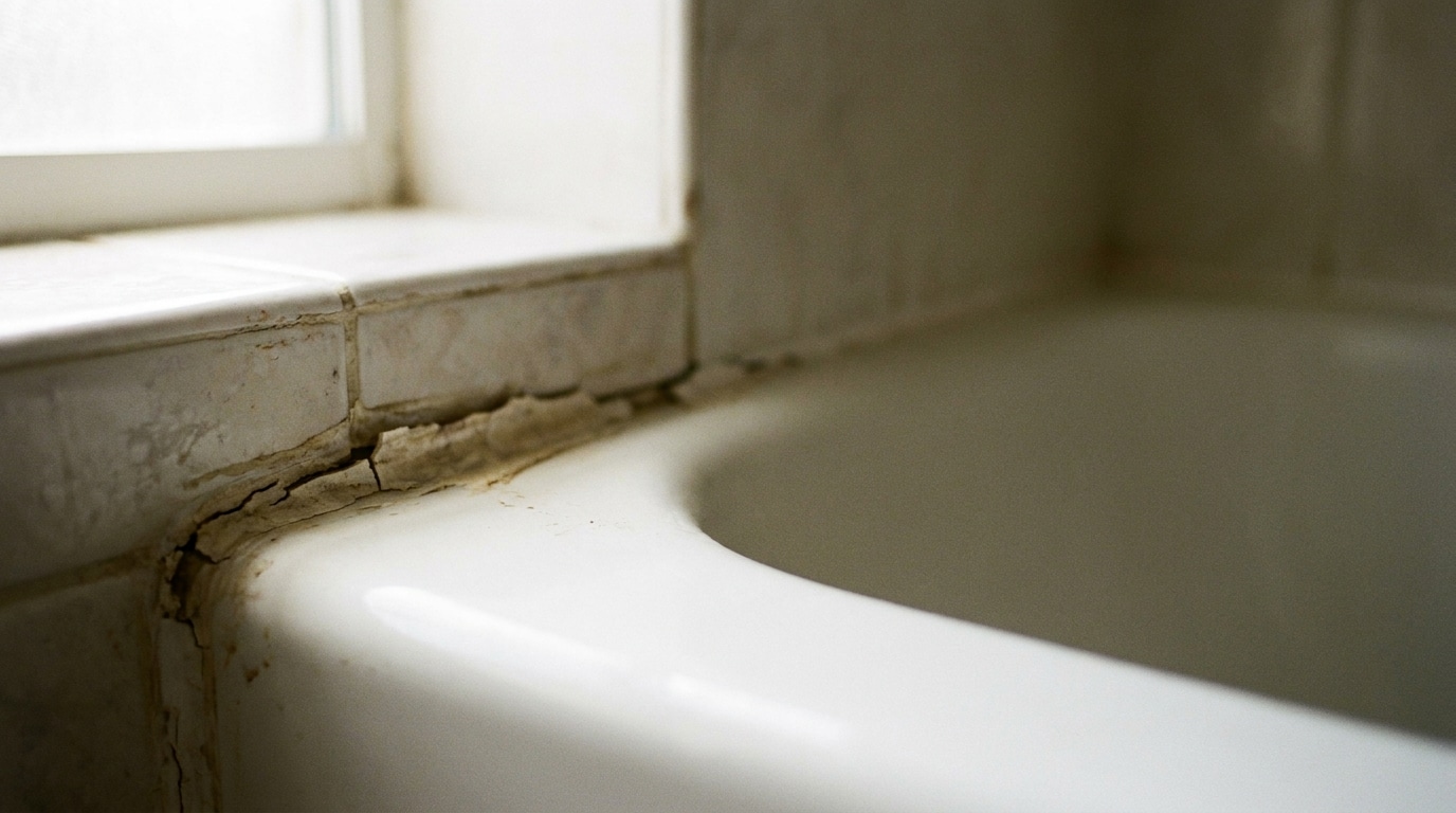 Cracked and moldy caulk on bathroom tiles near bathtub edge