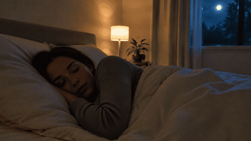 A person sleeping peacefully in a bedroom at night with a bedside lamp and soft moonlight.