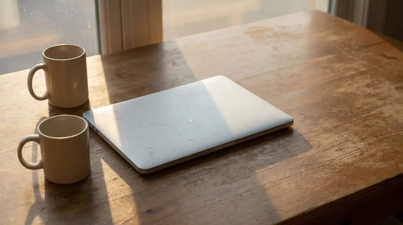 Closed laptop and two white mugs on wooden table in warm sunlight