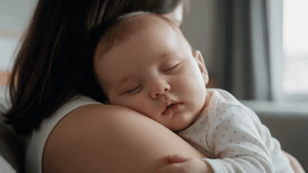 sleeping baby resting peacefully on a parent's shoulder indoors