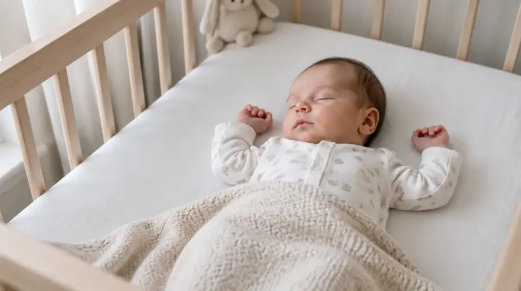 Newborn baby peacefully sleeping on their back in a cozy crib.