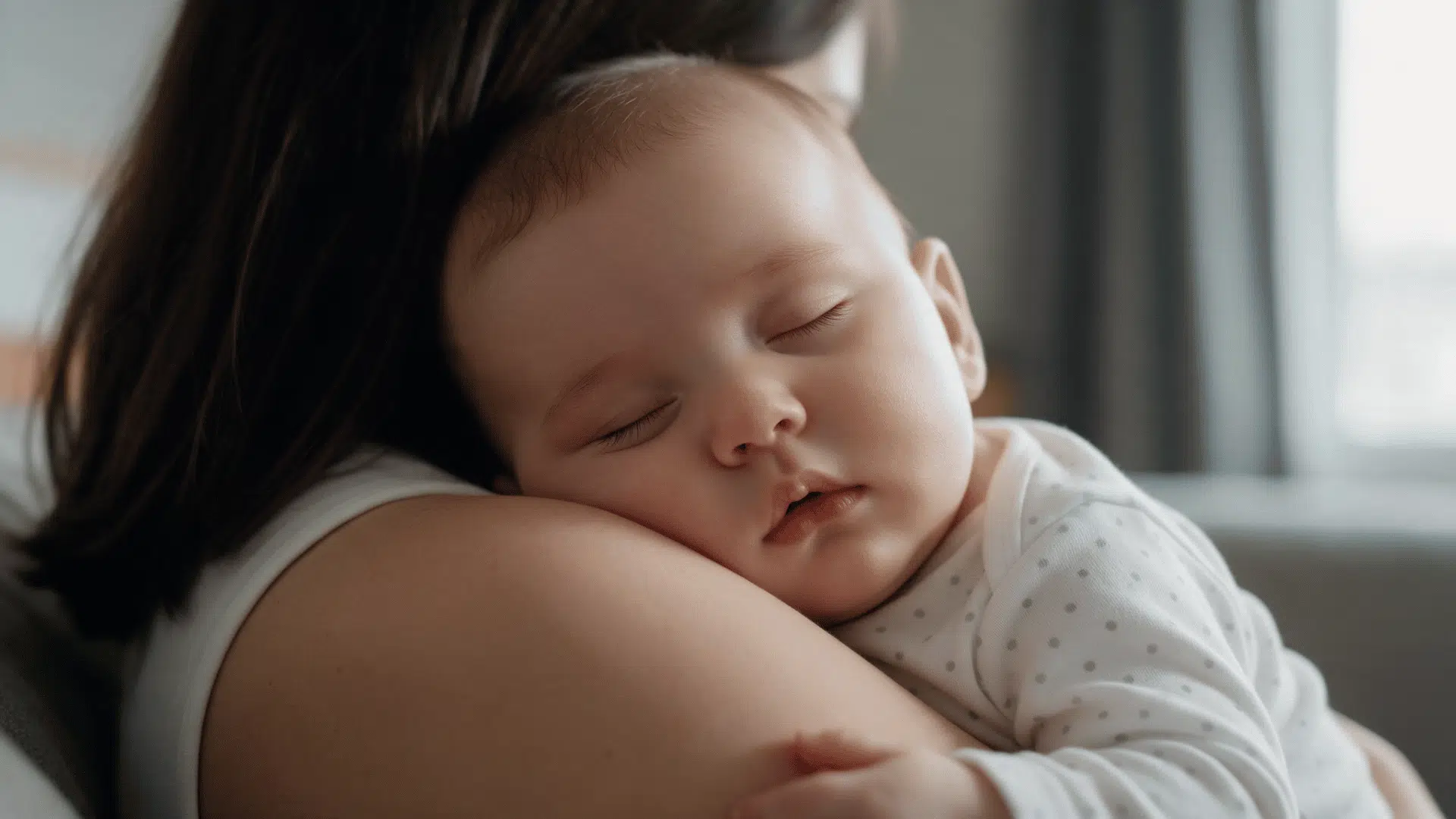 sleeping baby resting peacefully on a parent's shoulder indoors