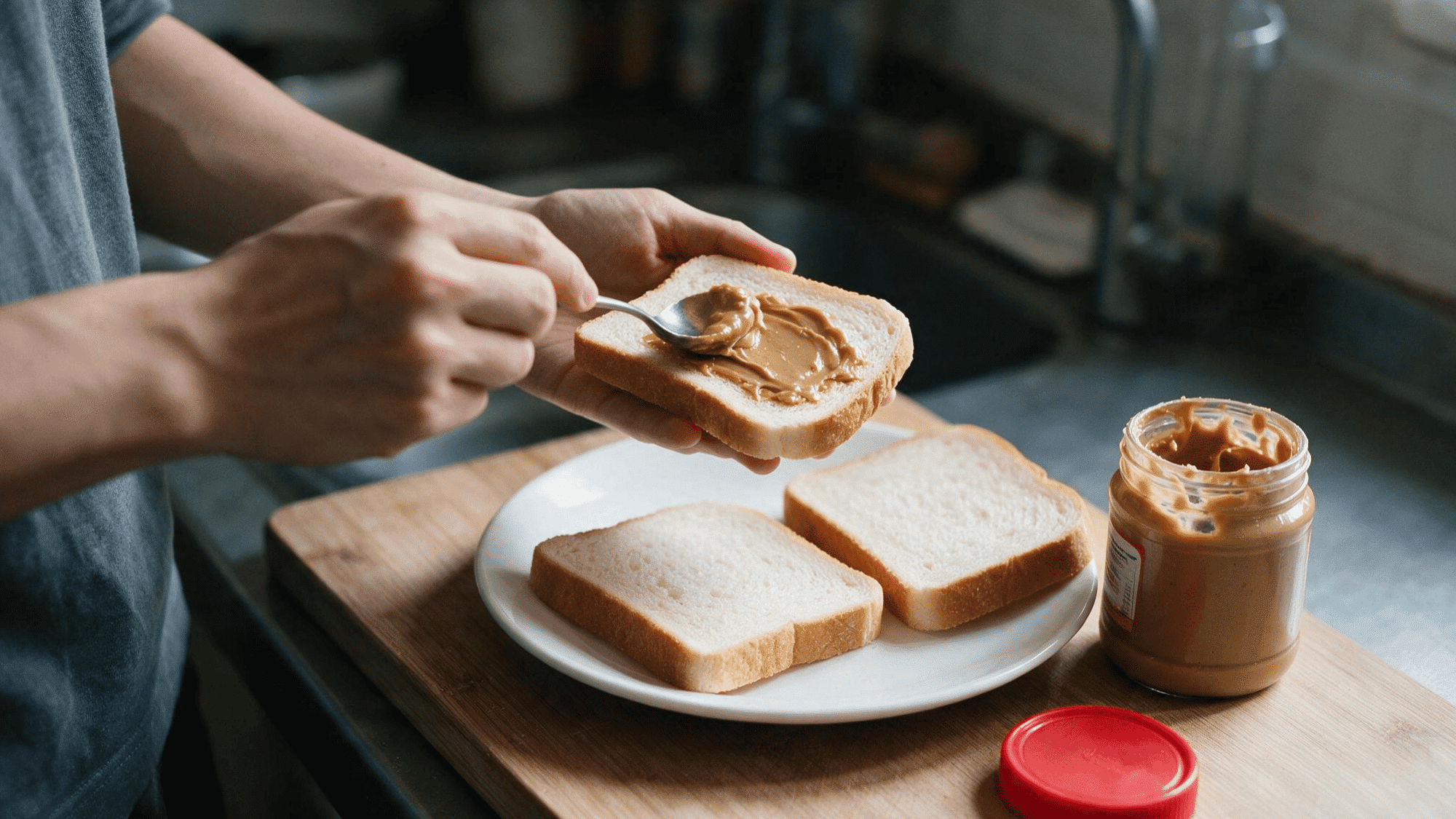 Person spreading peanut butter on bread beside an open jar and plate of toast slices.
