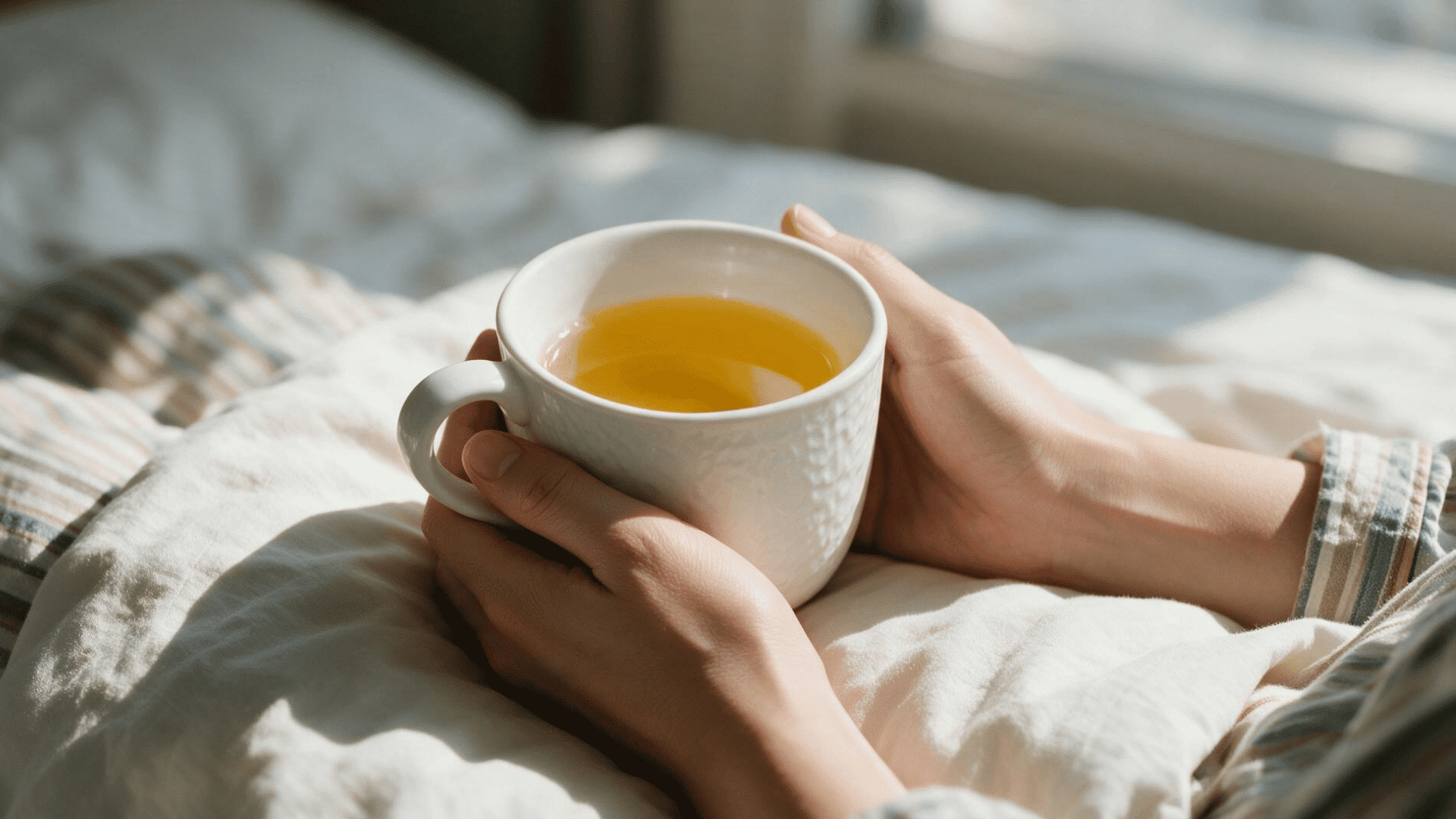 hands holding a warm cup of peppermint tea while resting comfortably in bed