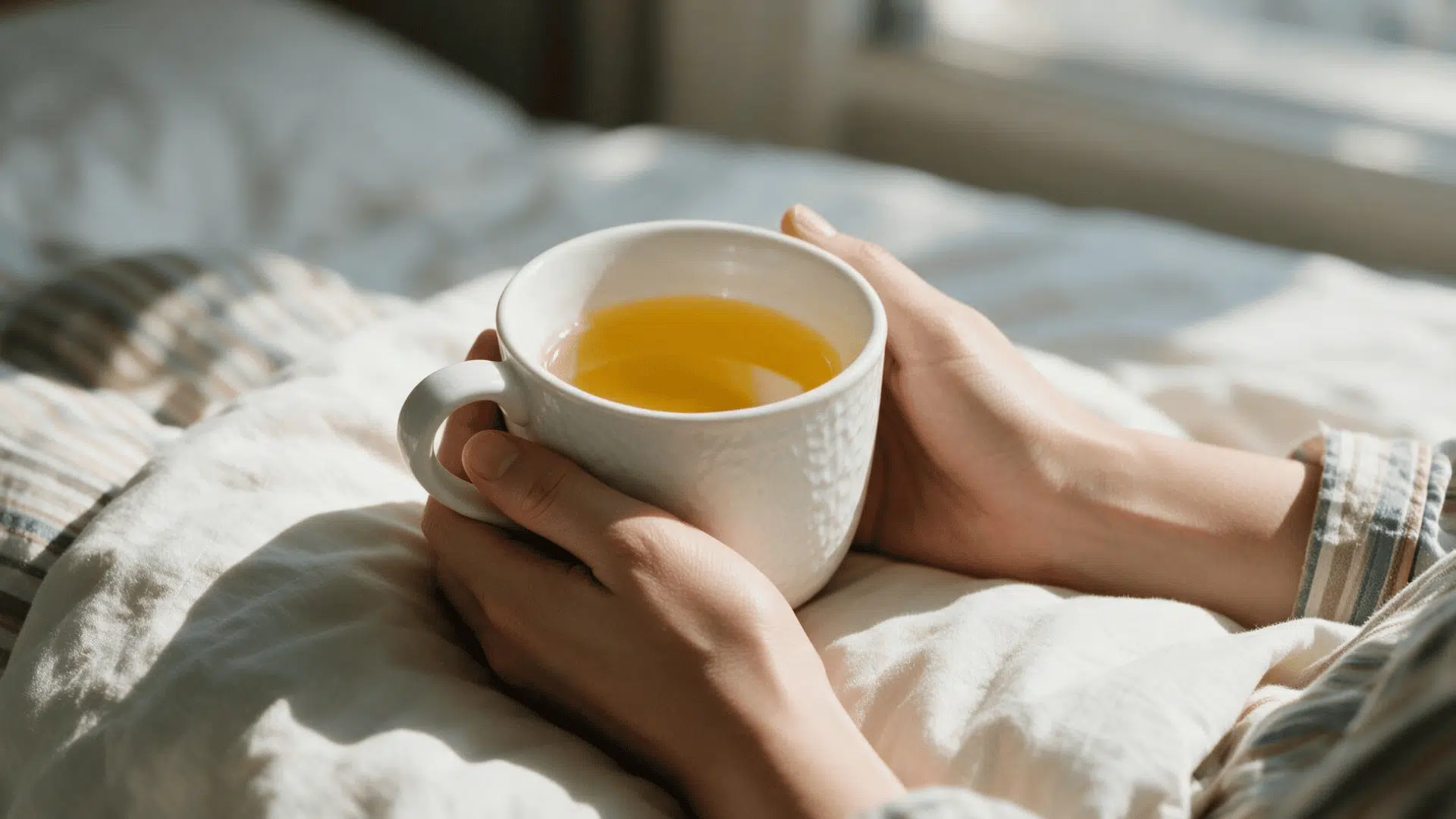 hands holding a warm cup of peppermint tea while resting comfortably in bed