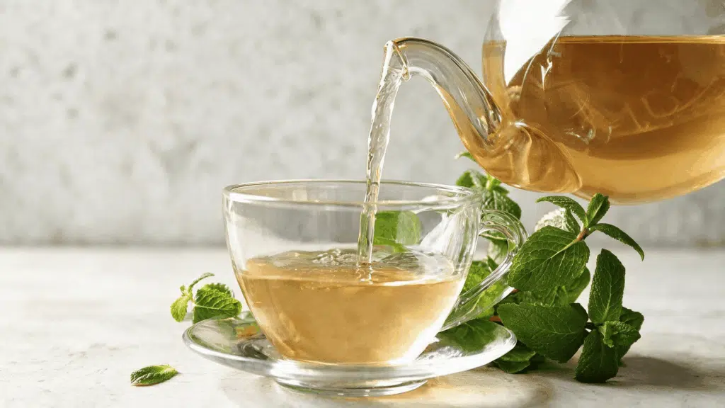 peppermint tea pouring into a clear glass cup beside fresh mint leaves