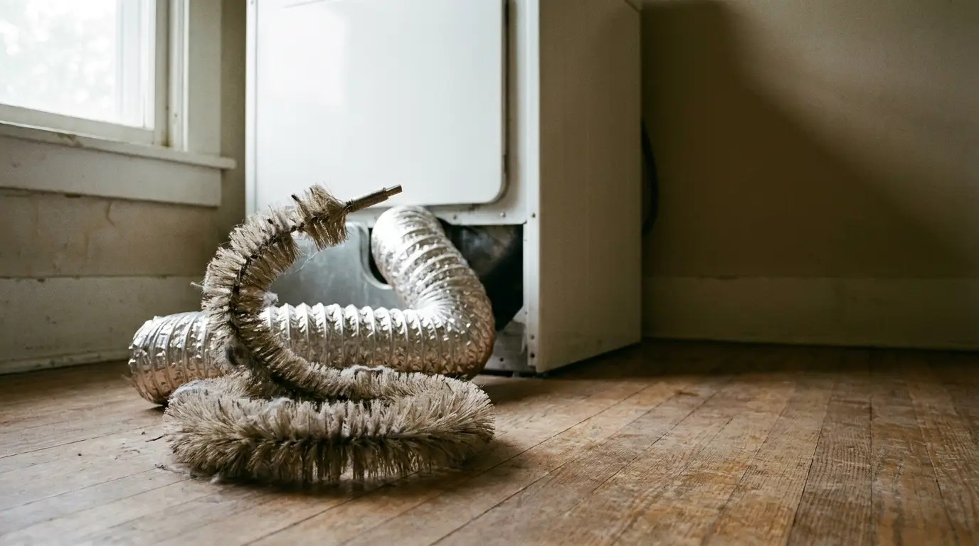 Dryer vent cleaning brush and duct on wooden floor near laundry machine