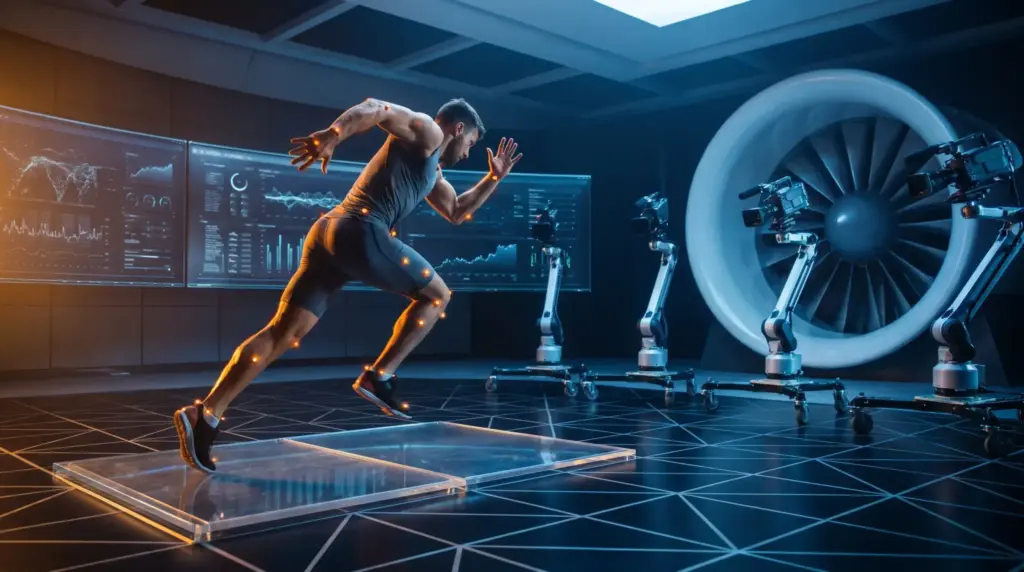 Athlete sprinting on high-tech platform with motion capture in futuristic lab setting