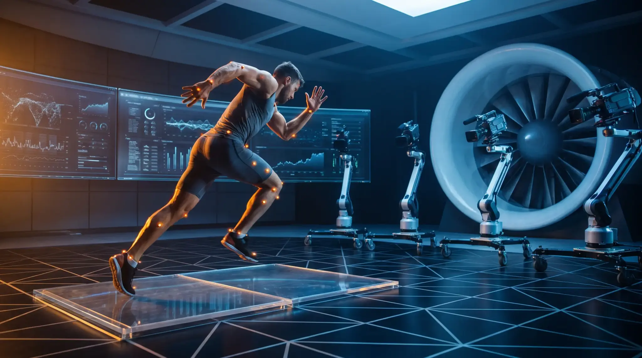 Athlete sprinting on high-tech platform with motion capture in futuristic lab setting
