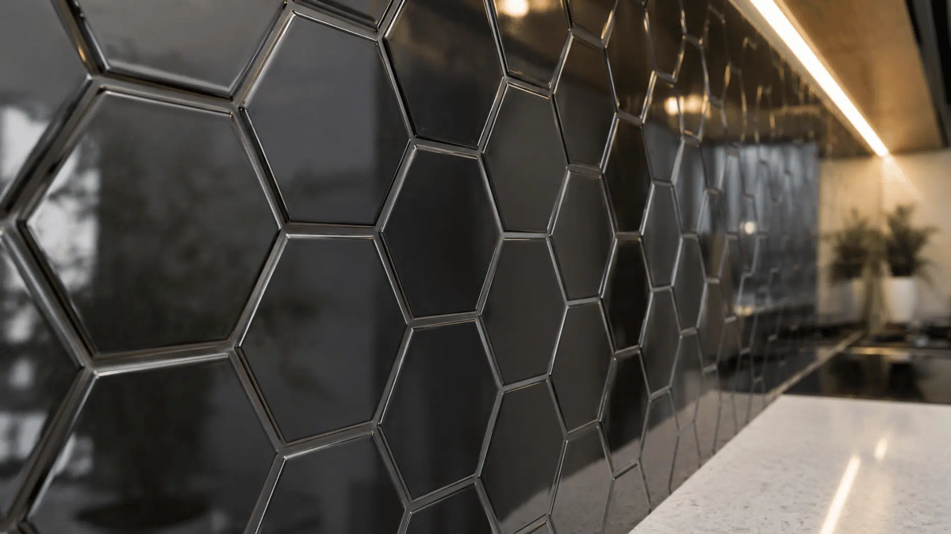 glossy black hexagon kitchen tiles with clean epoxy grout lines under warm indoor lighting