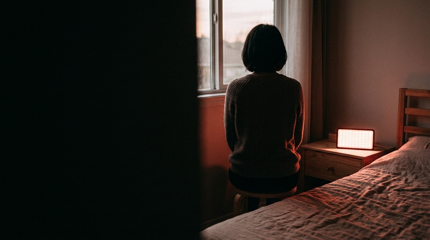 Person sitting on stool in dimly lit bedroom near window and glowing bedside lamp