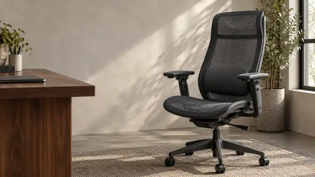 Ergonomic black office chair on woven rug in sunlit modern workspace