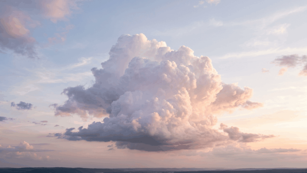 Dreamy large billowing clouds glowing softly in a pastel sunset sky