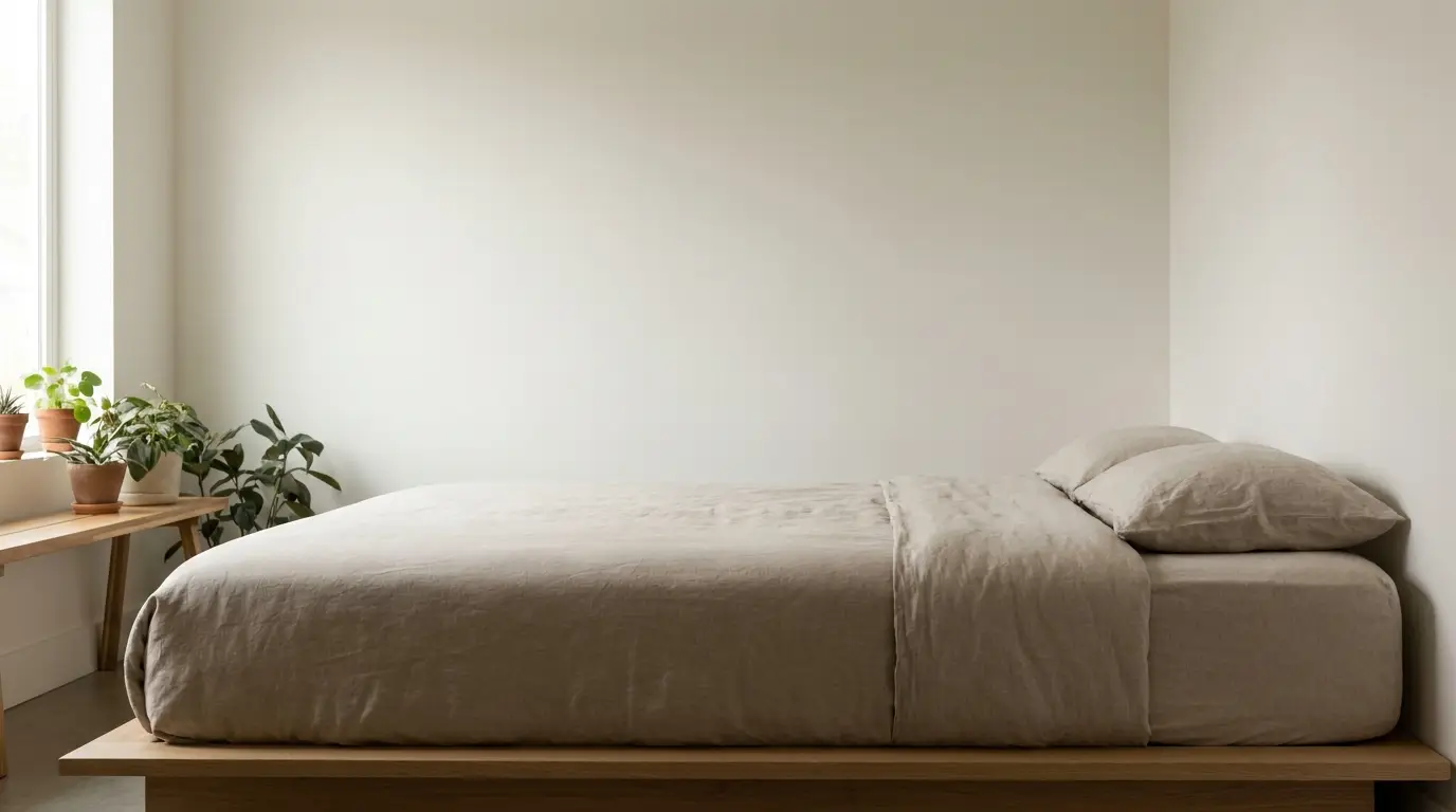 Minimalist bedroom with beige linen bedding and potted plants on wooden bench by window