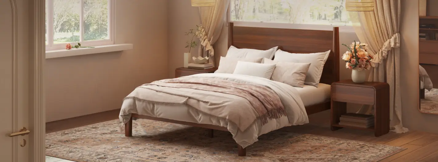 Cozy bedroom with wooden bed frame, soft beige bedding, and floral arrangement on bedside table