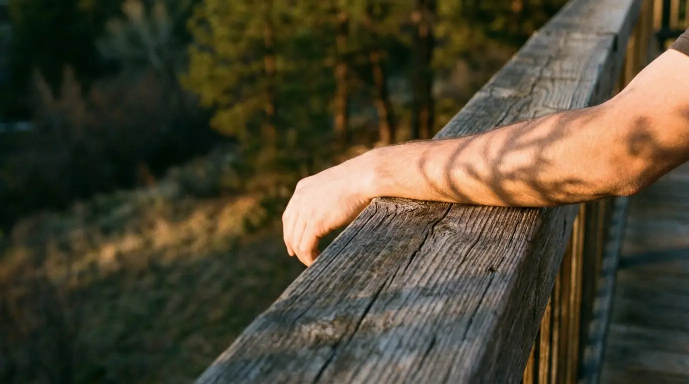 Arm resting on a wooden railing with forest in the background under warm sunlight