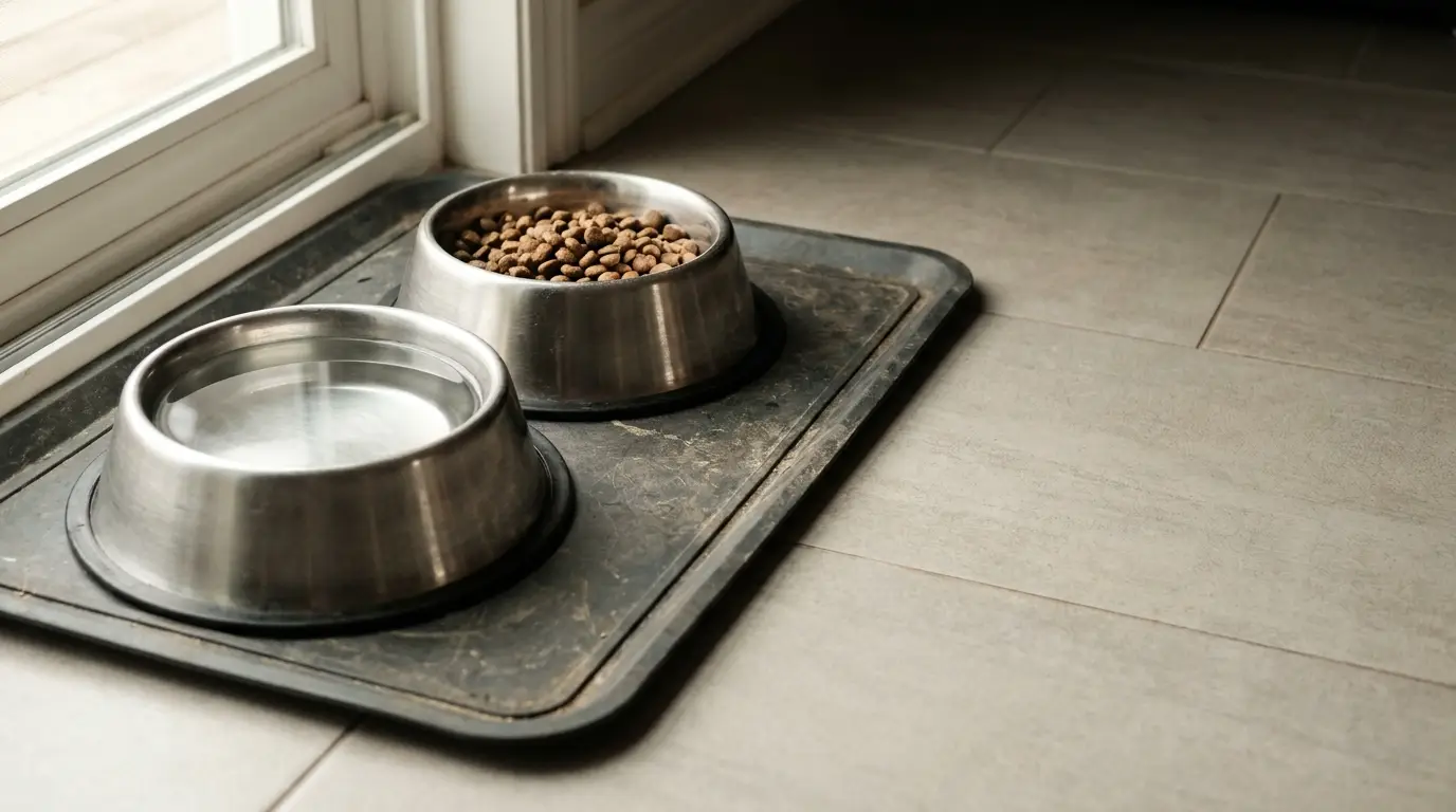Stainless steel pet bowls with water and kibble on tiled floor by window