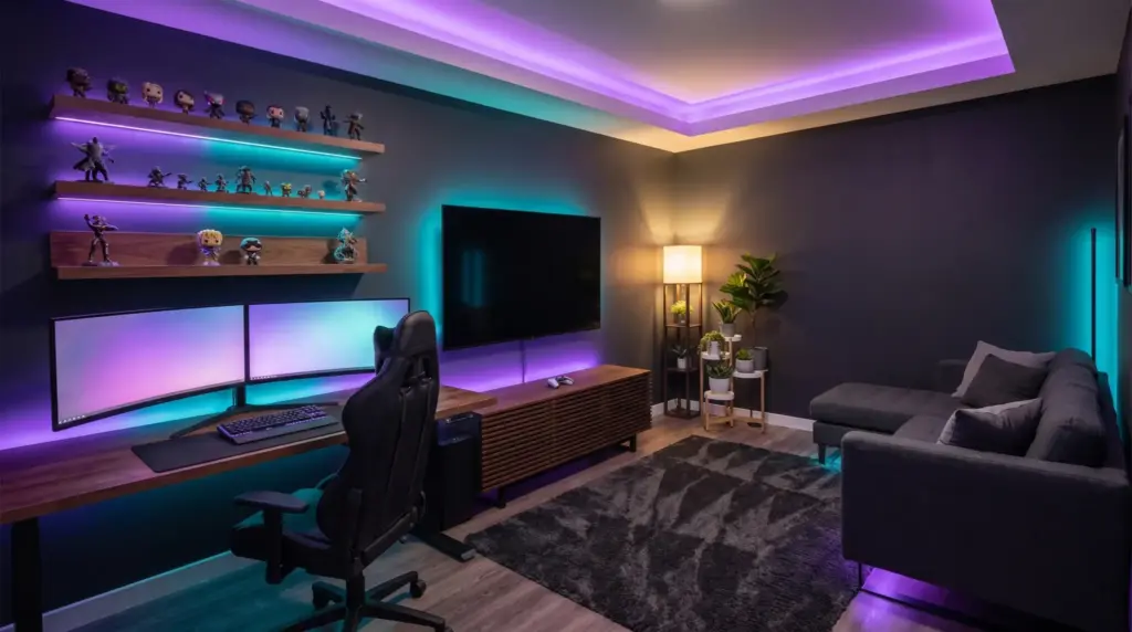 Gaming room with dual monitors, RGB lighting, and shelves holding figurines