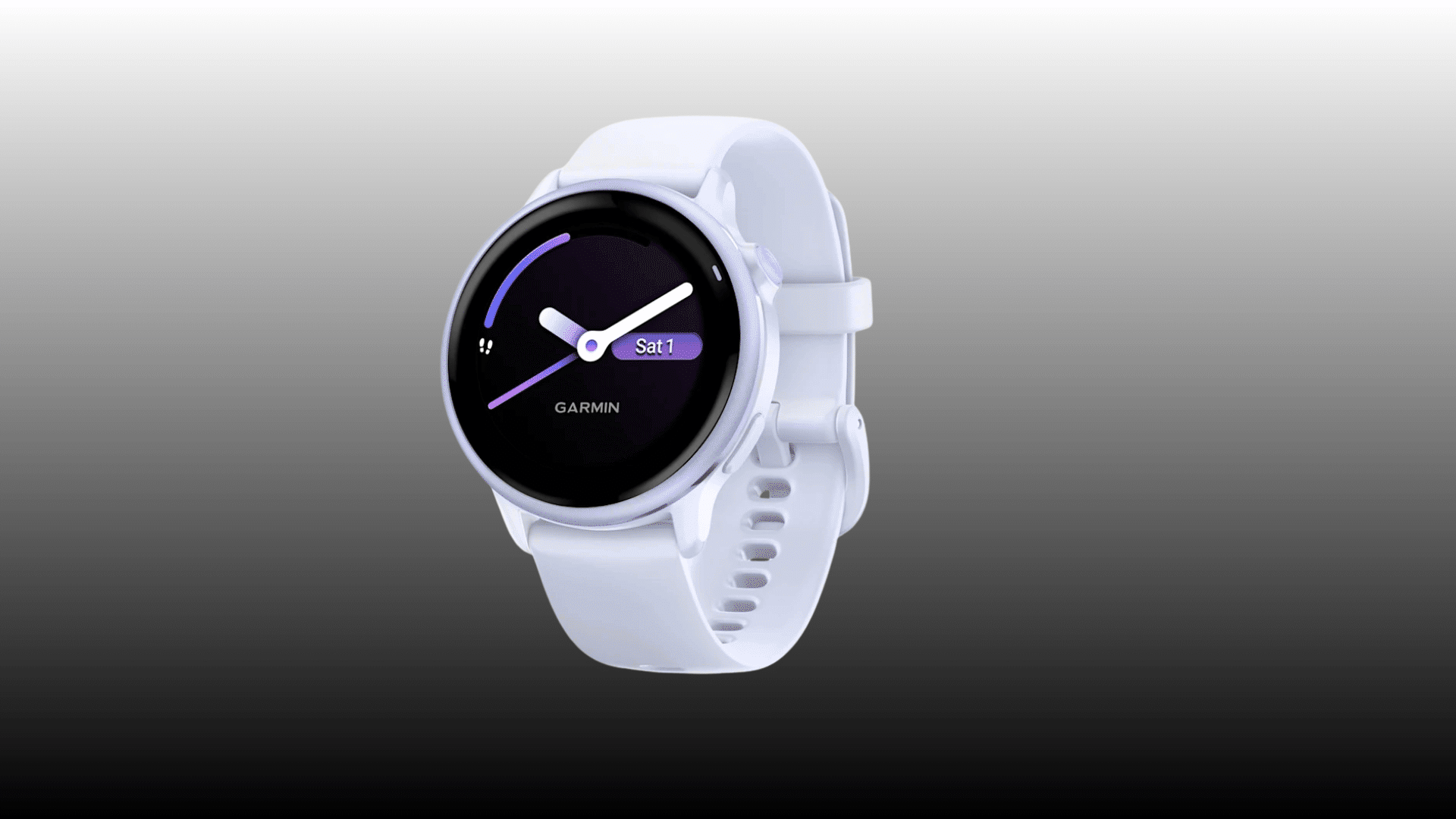 White Garmin Vivoactive 6 smartwatch with round display and silicone band on dark background