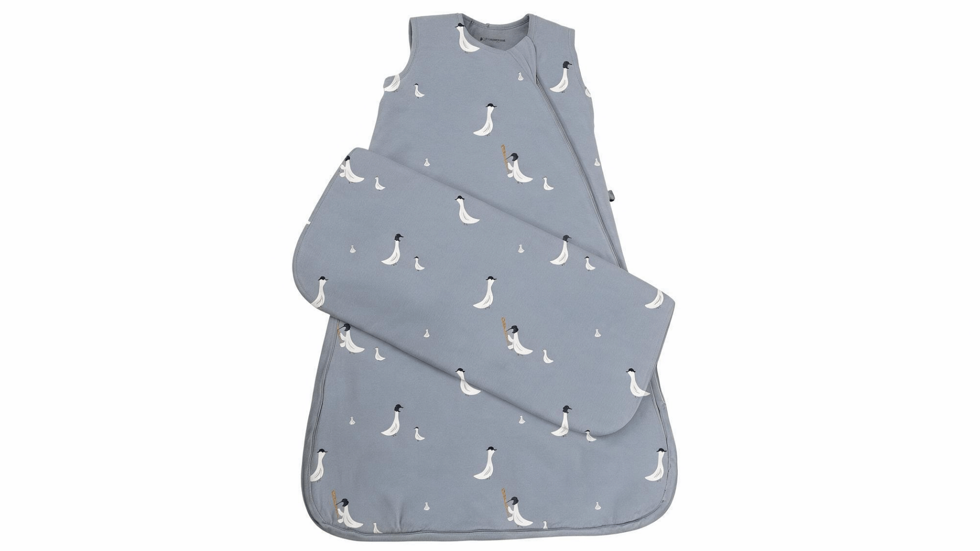 gray baby sleep bag with white bird print and wrap-style front on a white background