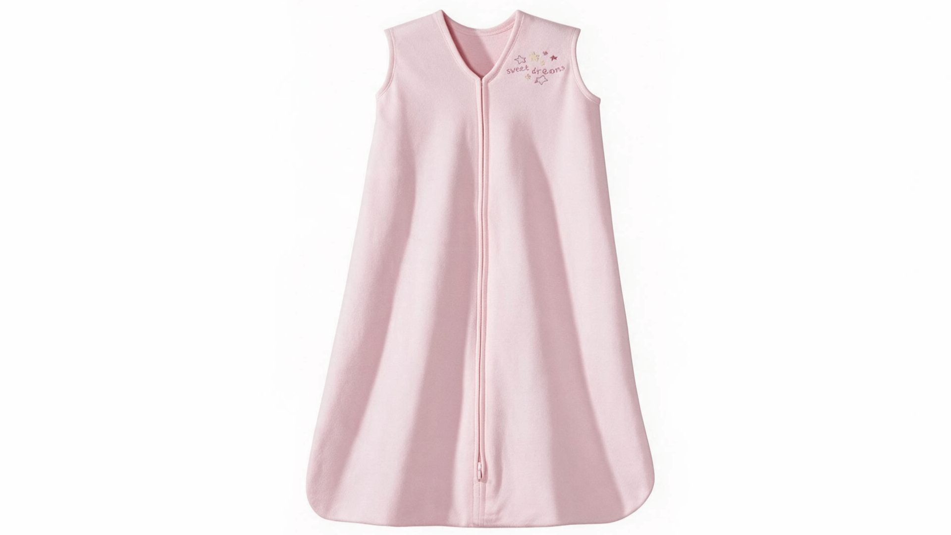 pink sleeveless baby sleep sack with front zipper and small star embroidery on white background