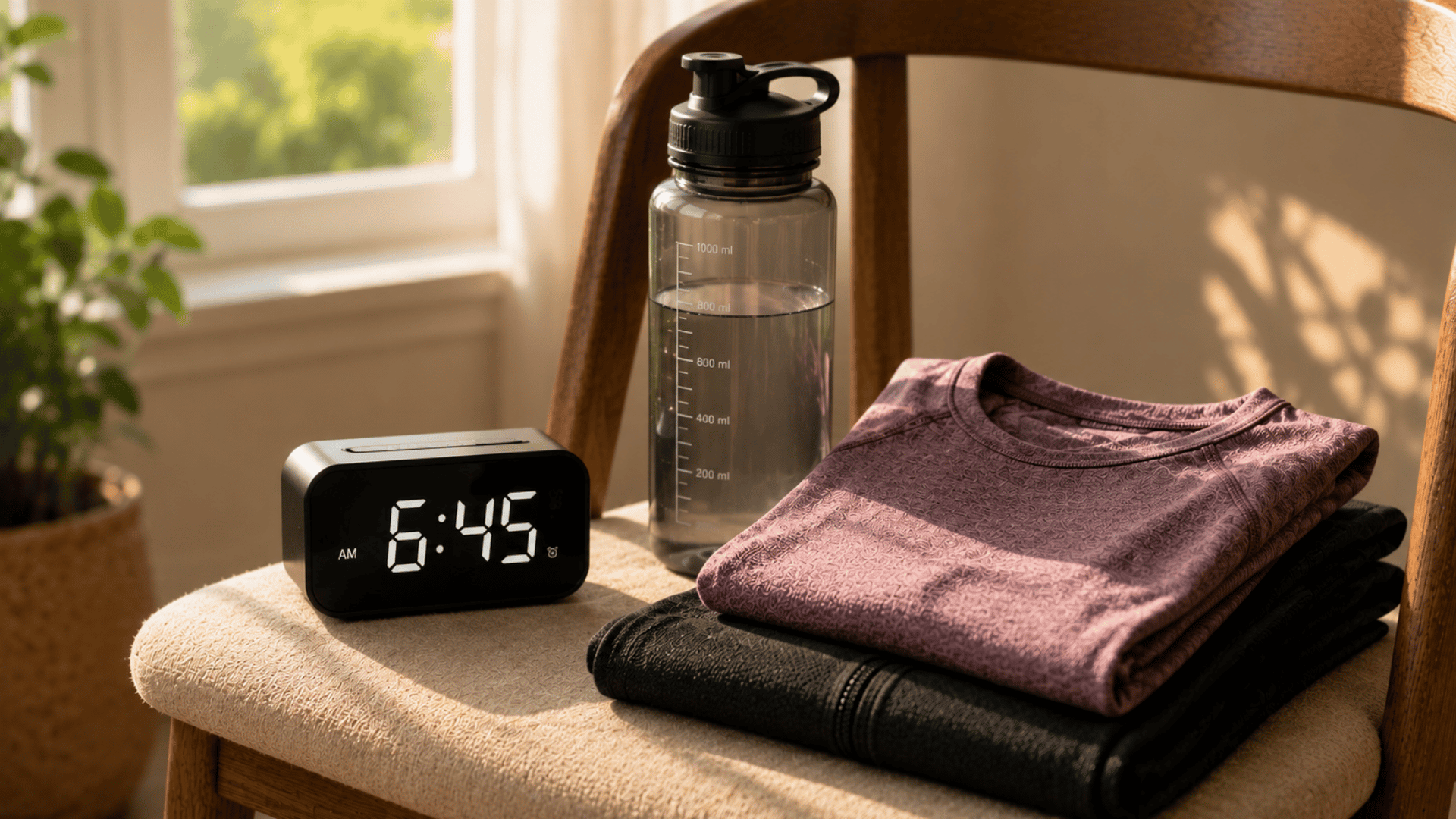 digital alarm clock showing 6:45 beside water and workout clothes