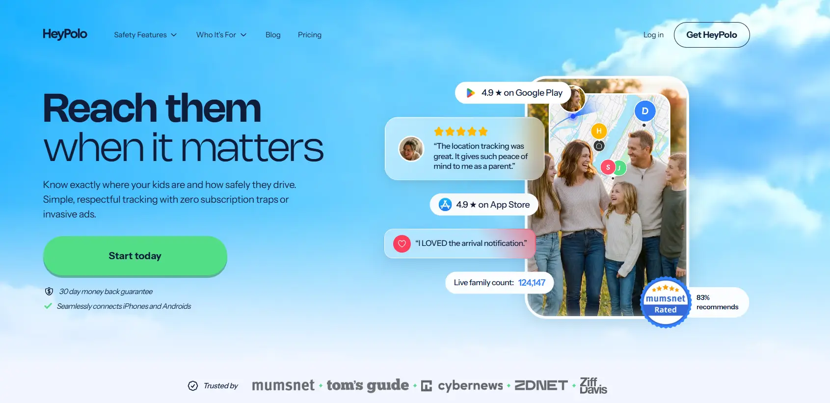 Smiling family gathered outdoors with location tracking app interface on blue sky background