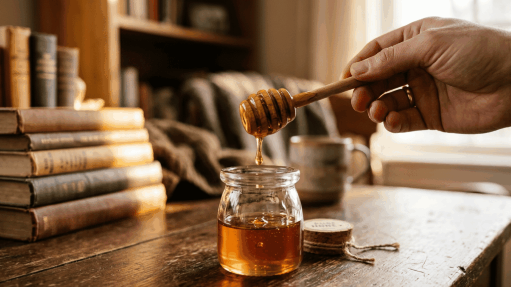 hand holding a honey dipper above a glass jar of honey beside a bed in warm evening light