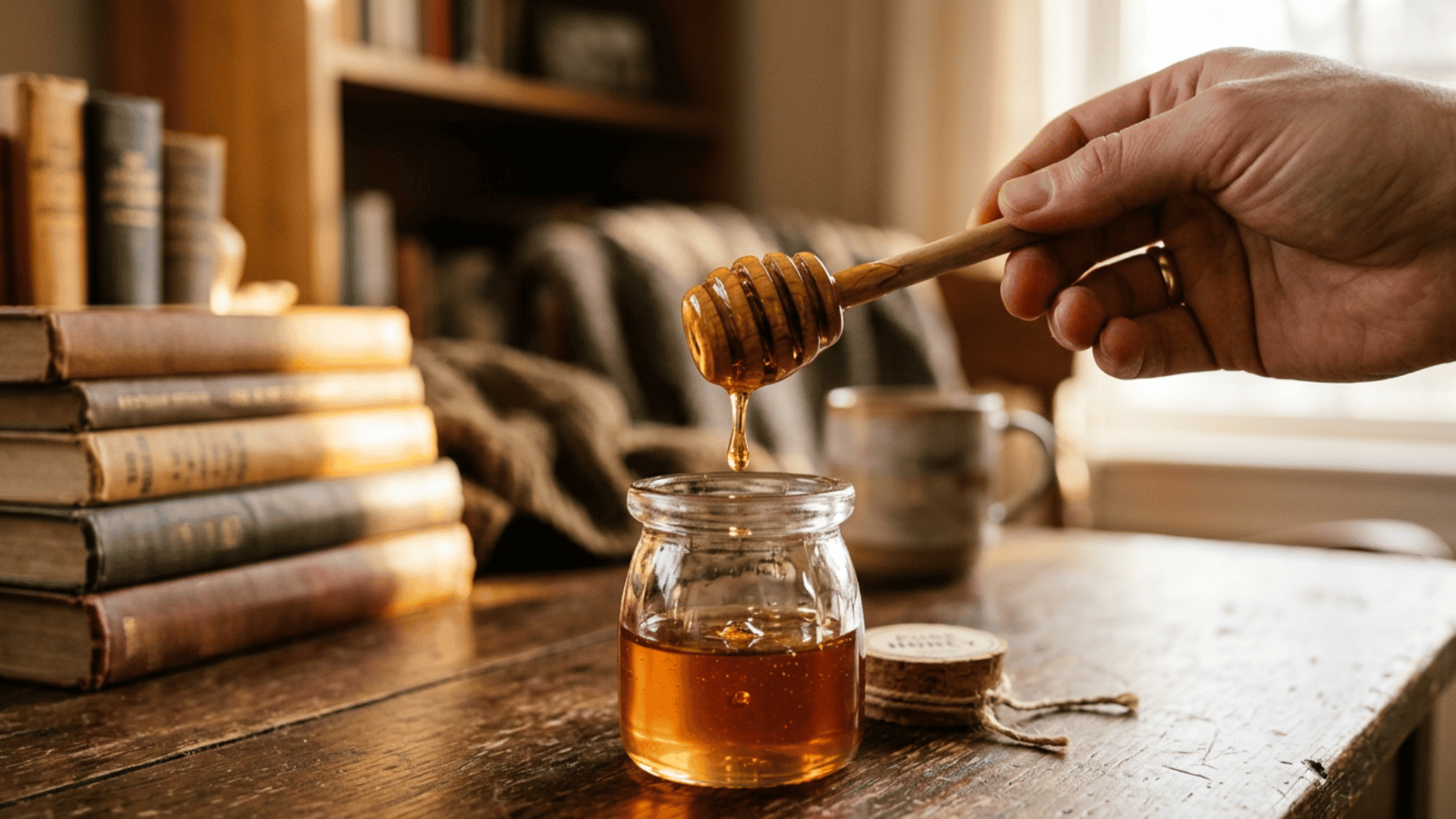 hand holding a honey dipper above a glass jar of honey beside a bed in warm evening light