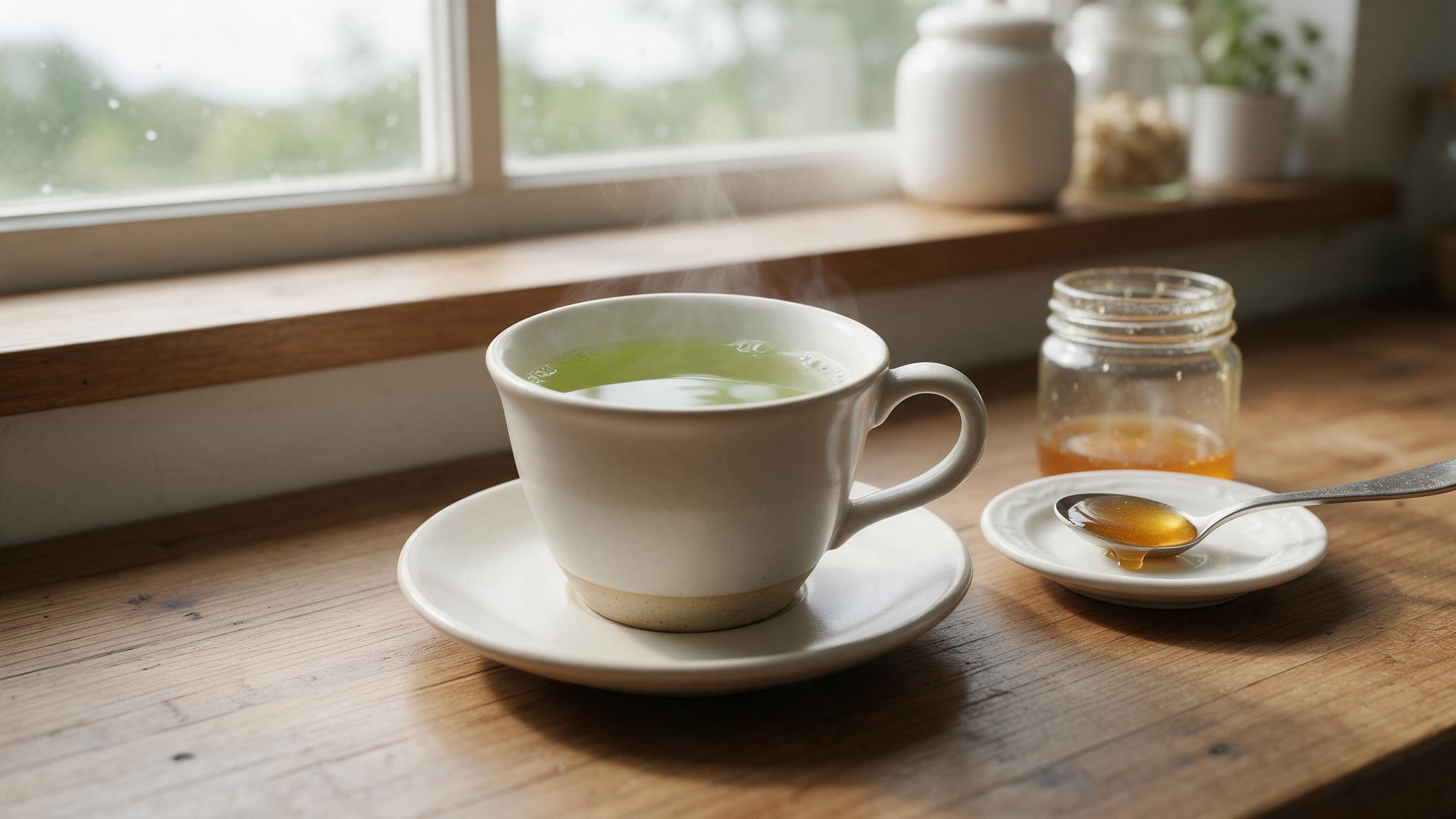 Teaspoon of honey on a saucer beside a cup of green tea and a glass honey jar on a kitchen counter