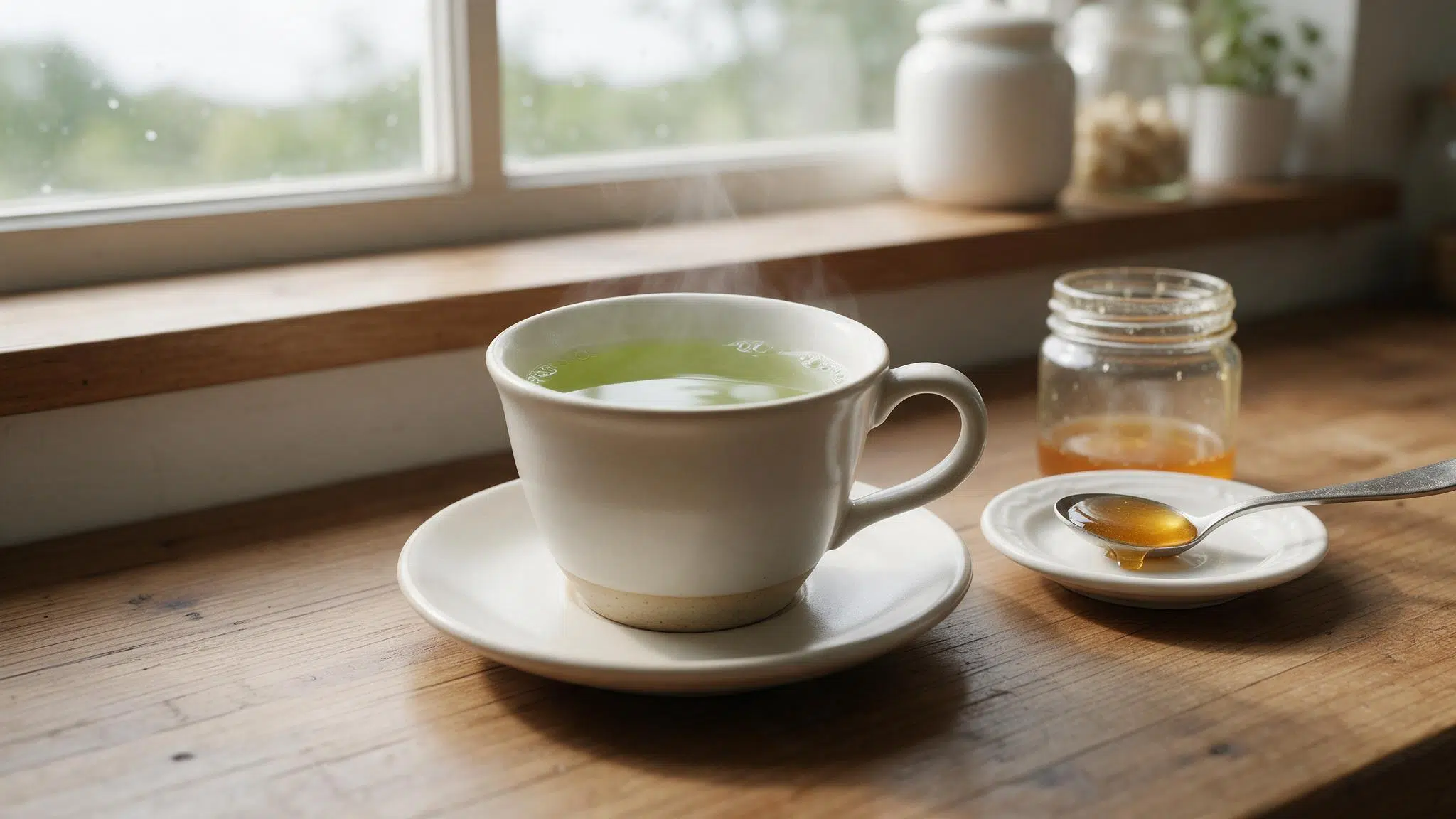 Teaspoon of honey on a saucer beside a cup of green tea and a glass honey jar on a kitchen counter