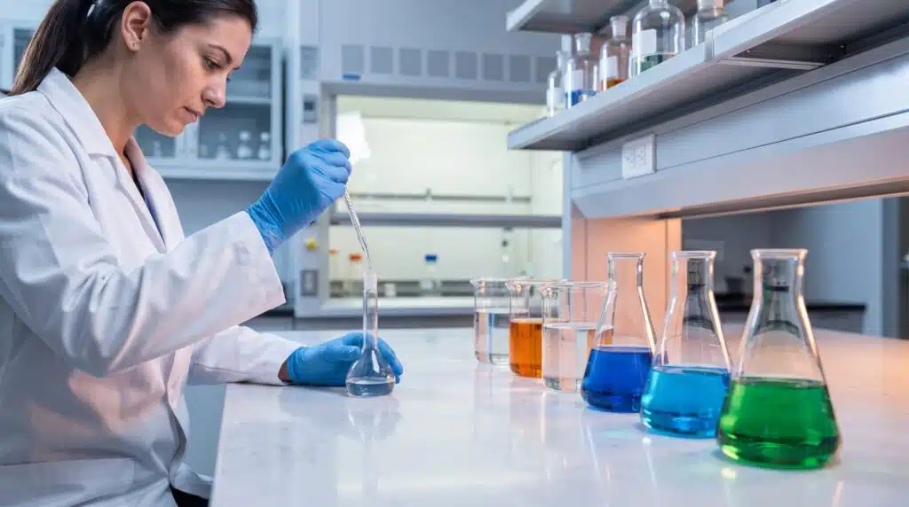 Scientist in lab coat using pipette with colorful beakers on white countertop in modern laboratory
