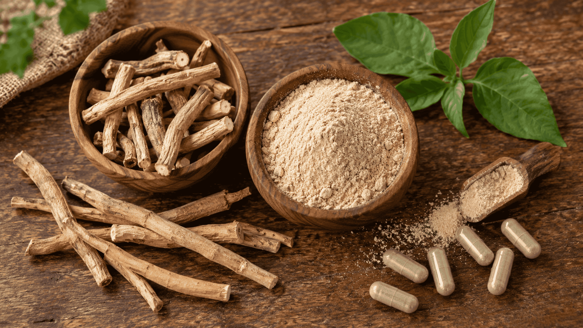 ashwagandha roots, powder, capsules, and green leaves arranged on a rustic wooden table